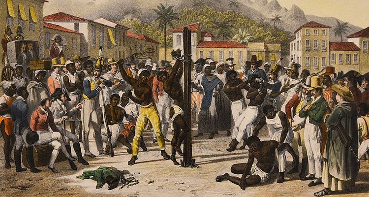 pintura retrata escravidão brasileira: escravo sendo açoiteado seminu atado a um poste