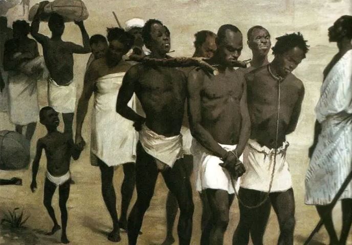 escravos presos por corda e madeira